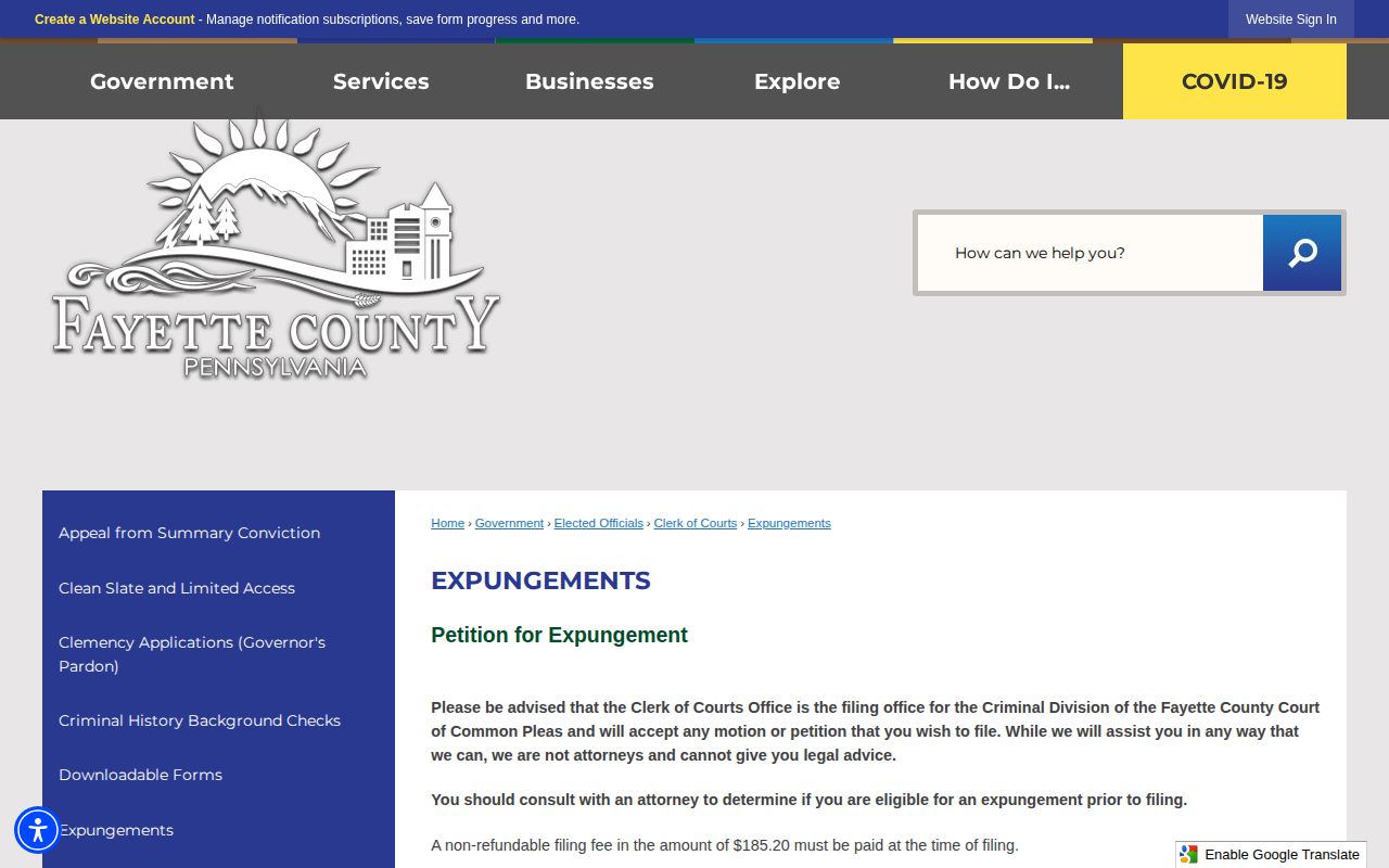 Fayette County expungement records instructions