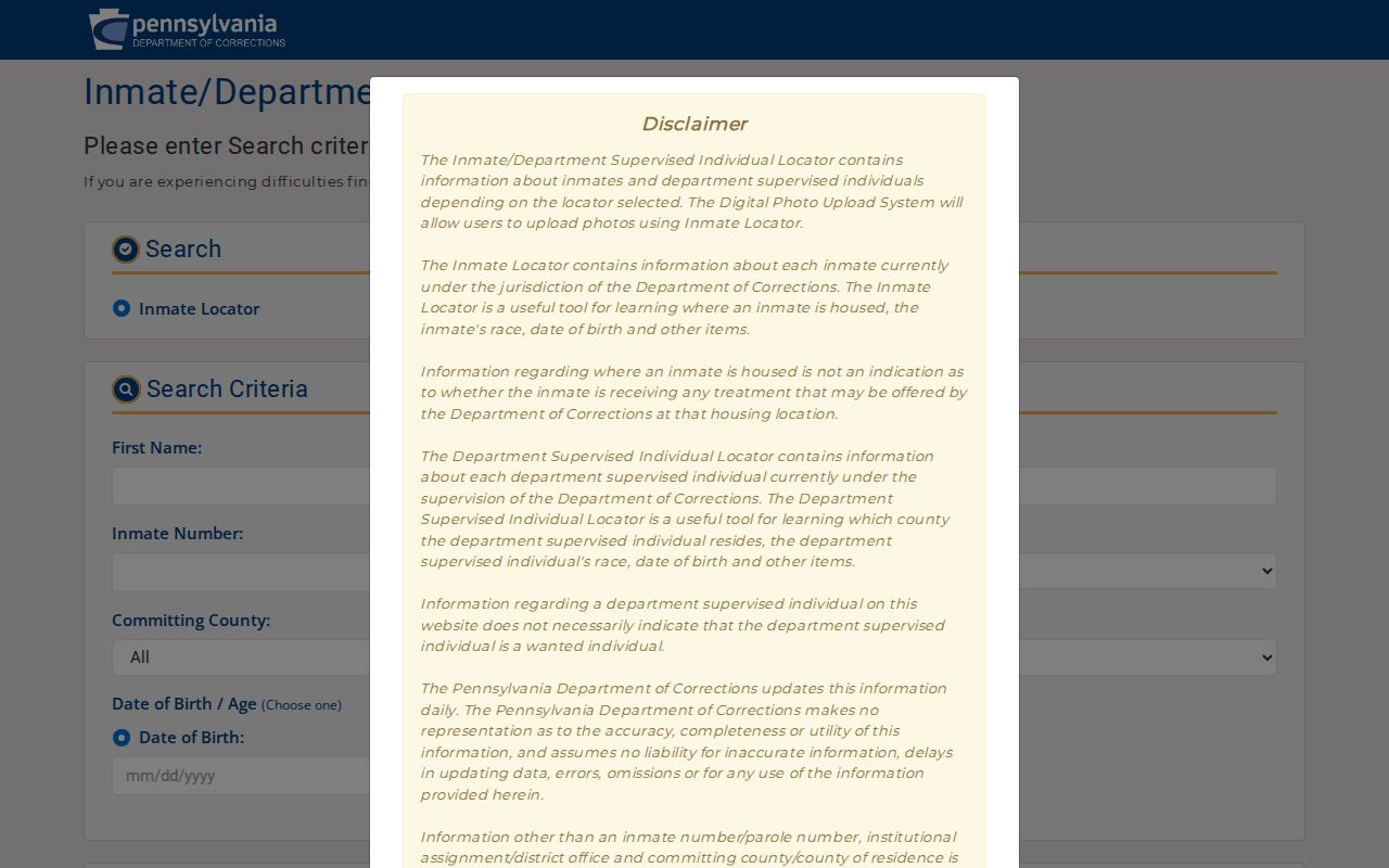 Pennsylvania Department of Corrections locator for Fayette County custody transitions