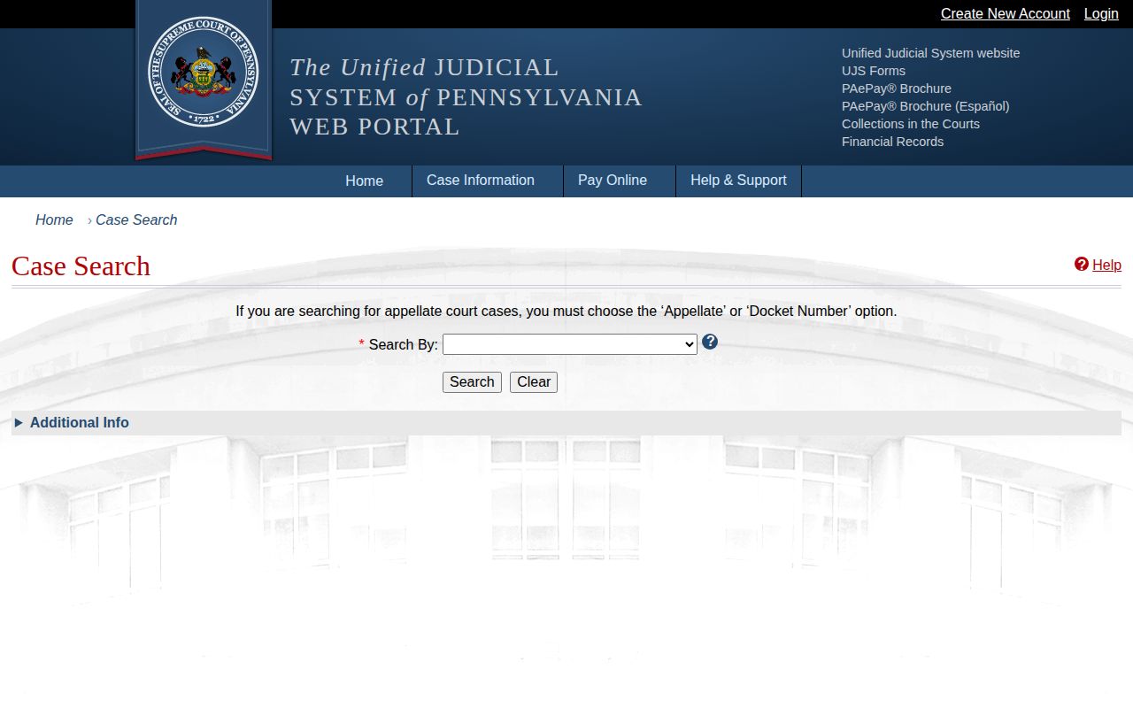 Pennsylvania UJS Case Search for Fayette County court disposition records